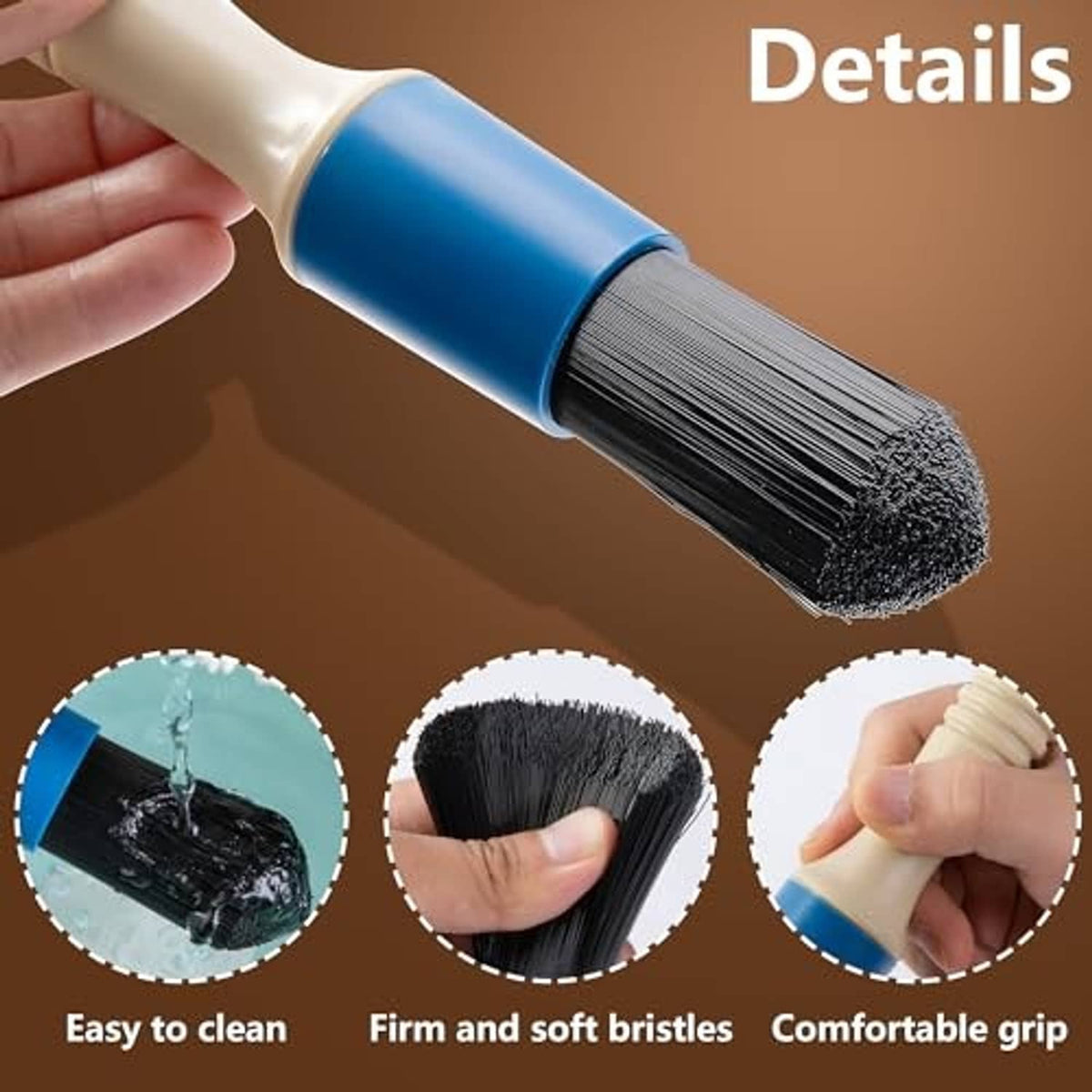 Close-up of blue handle cleaning brush with dense black bristle head and hose
