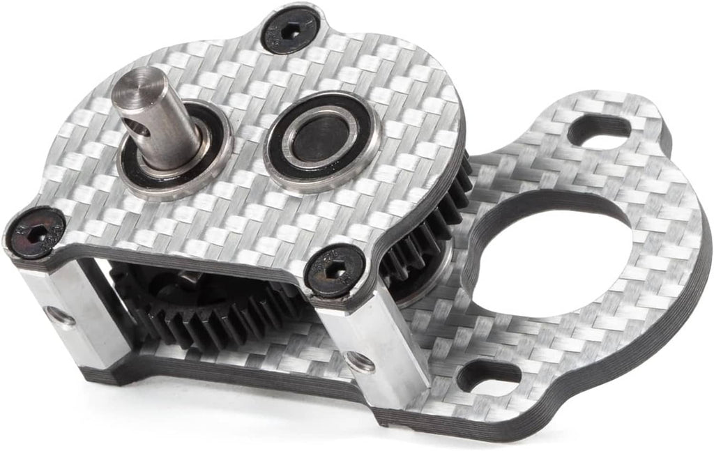 Carbon fiber portal transmission gearbox with visible spur gear and bearing housings