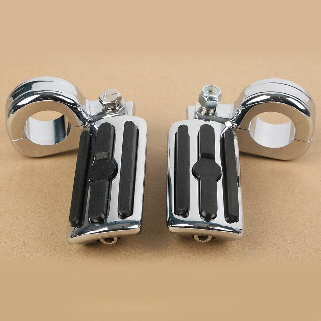 Pair of chrome short highway foot pegs with black rubber pads and round mounts