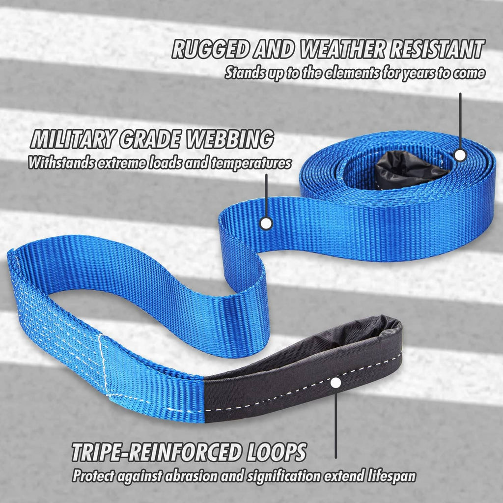 Blue military-grade tow strap with black reinforced loops and protective sleeves