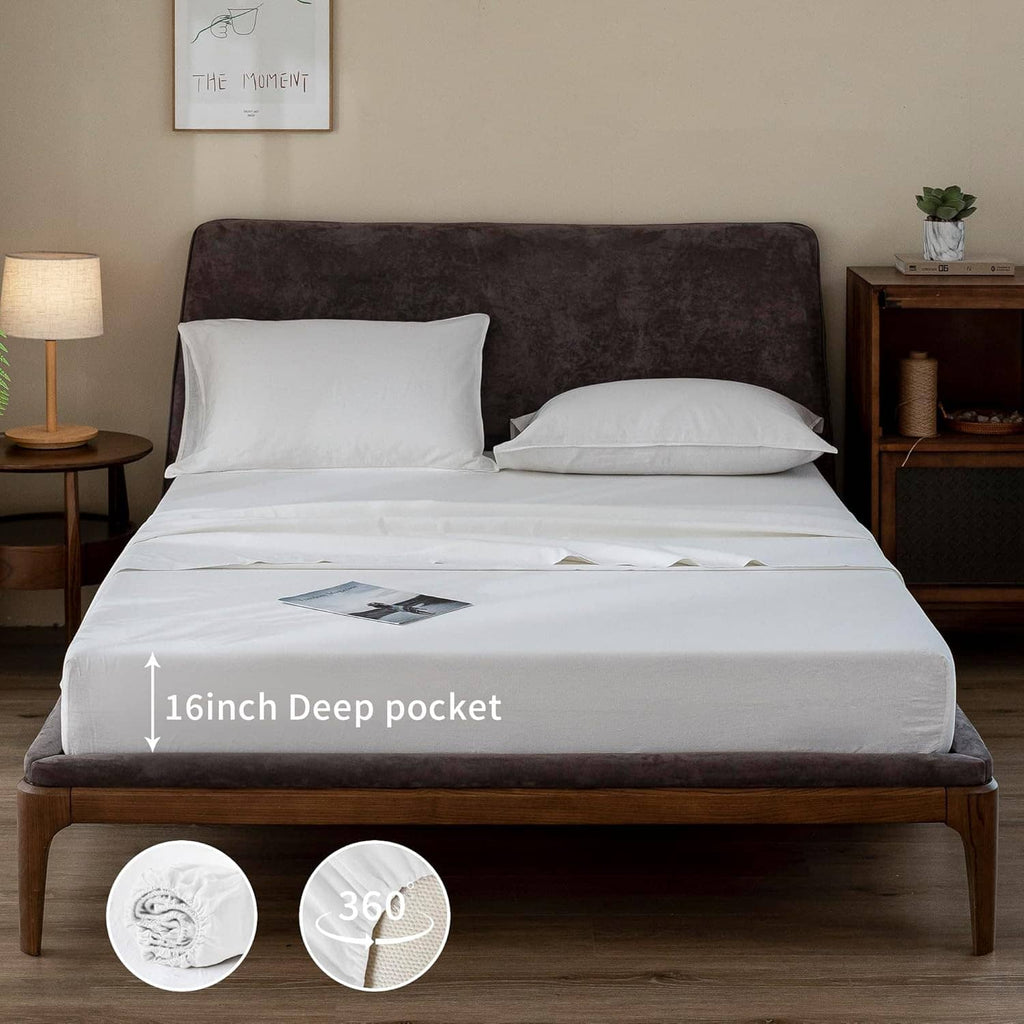 White linen bed sheets with 6-inch deep pocket fitted sheet and two pillowcases