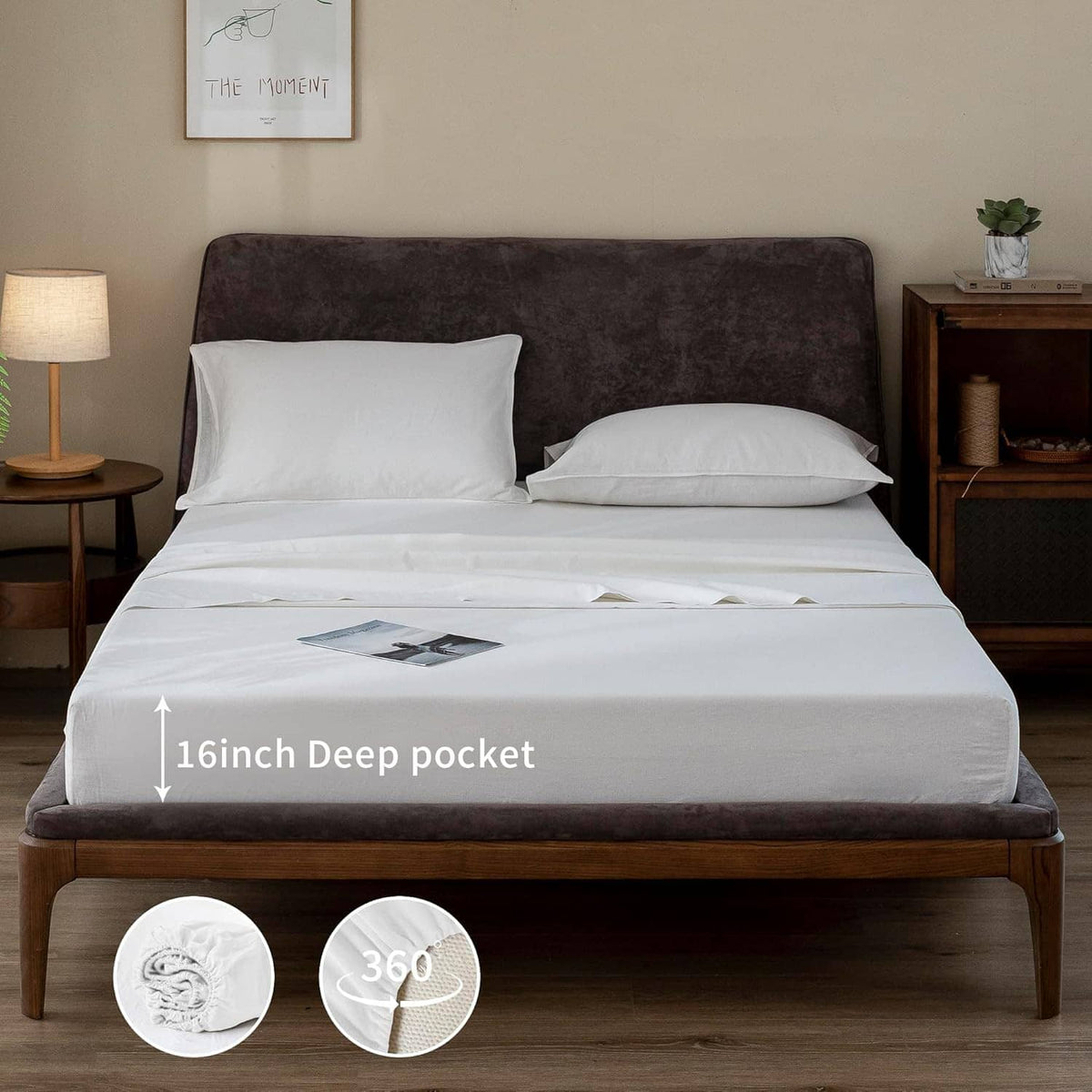 White linen bed sheets with 6-inch deep pocket fitted sheet and two pillowcases