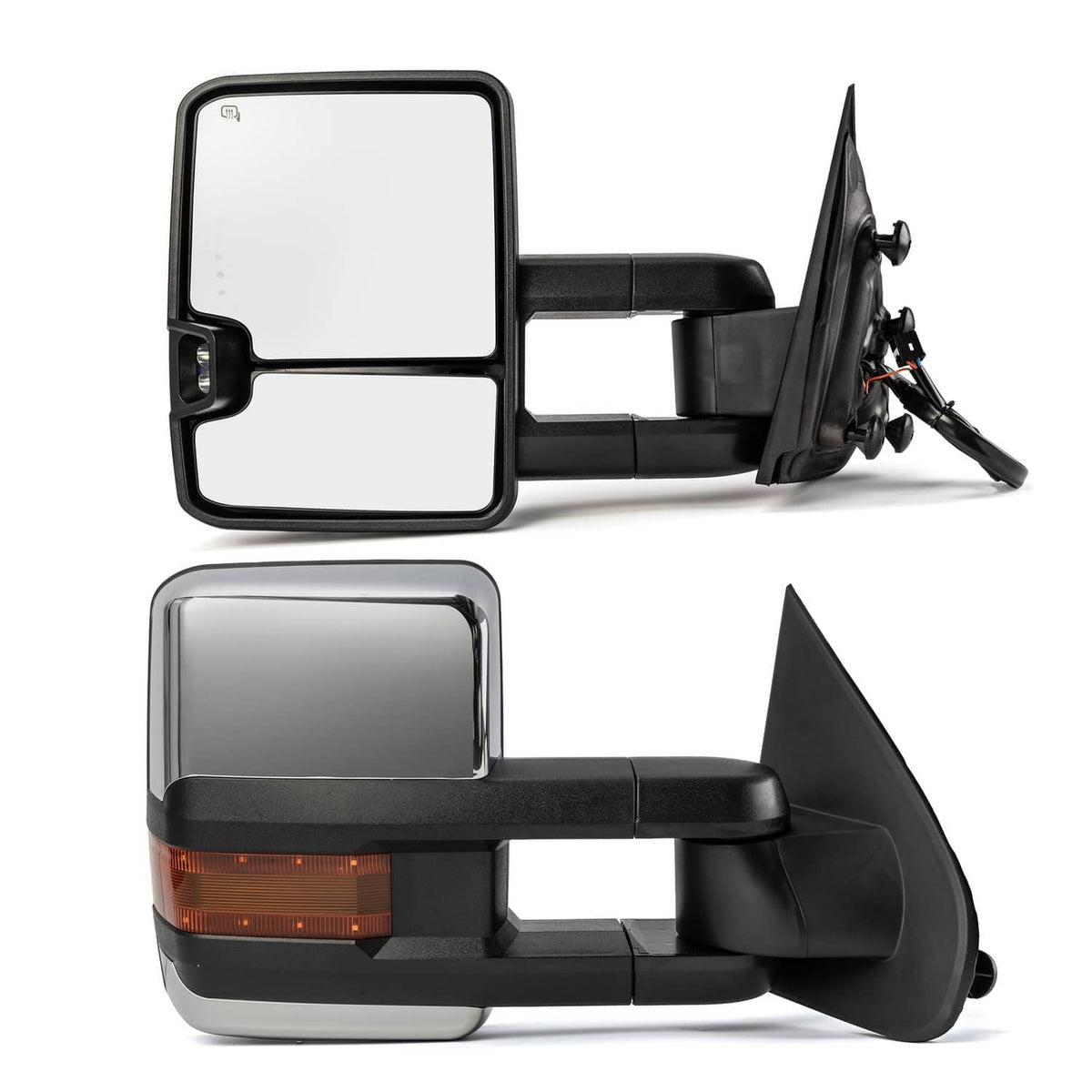 Heated towing mirrors pair with power-fold style housing and amber turn-signal lenses