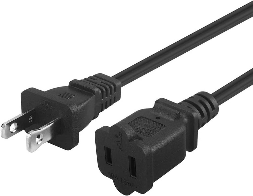 Black polarized extension power cord with 2-prong male and female plugs