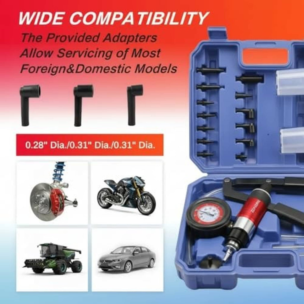 Blue adapter set for vacuum pump brake bleeding with gauge and red pump components