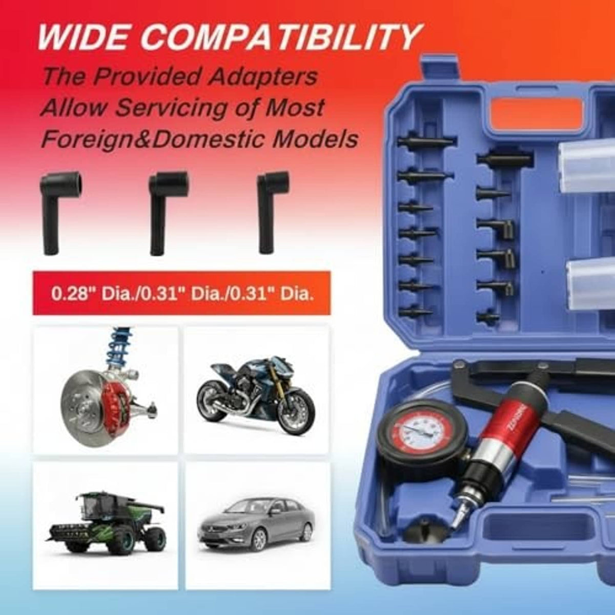 Blue adapter set for vacuum pump brake bleeding with gauge and red pump components