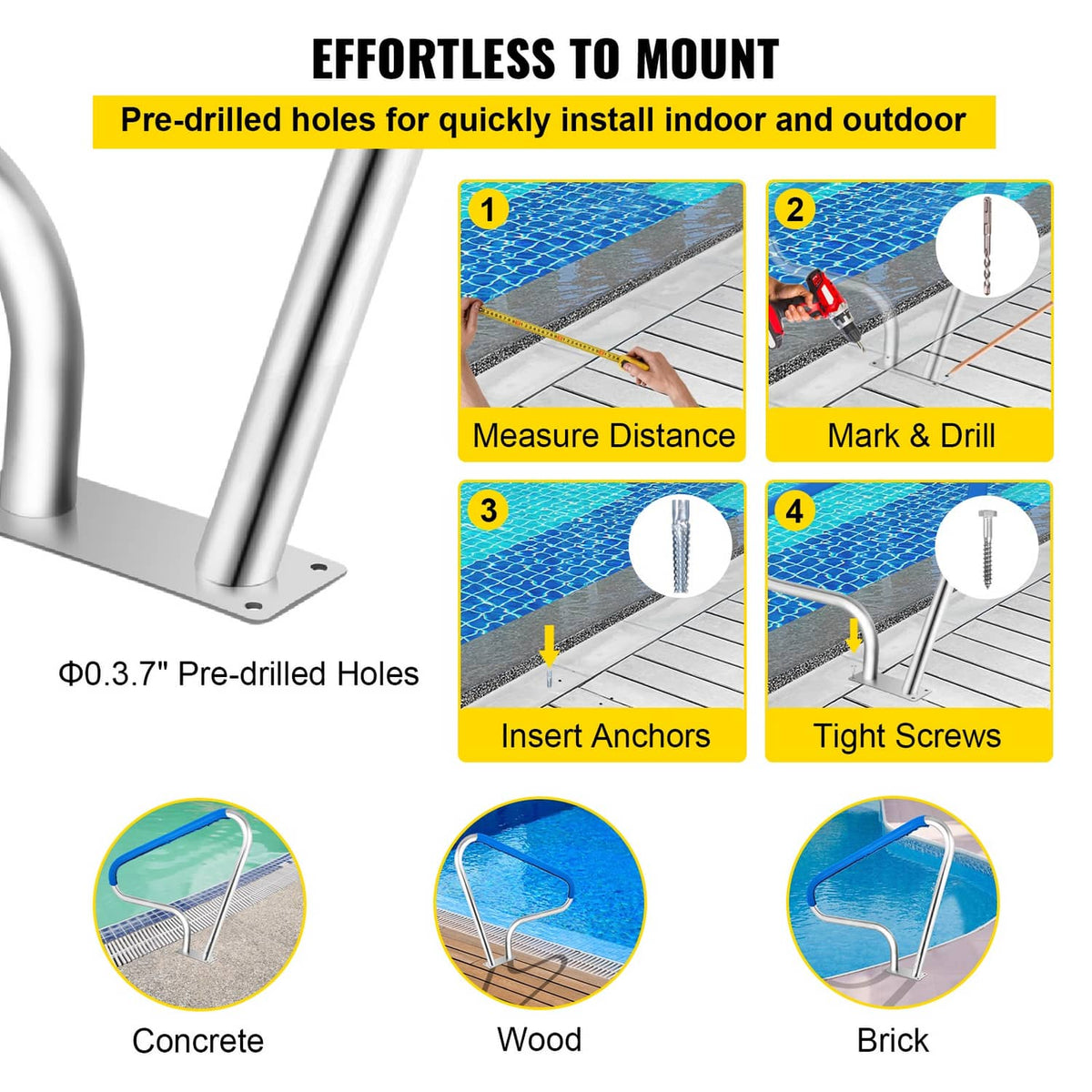 Pool handrail mounting kit with pre-drilled holes, anchors, and screws