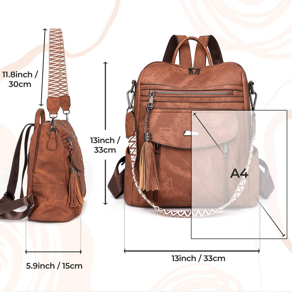 Brown PU leather backpack purse with top handles, front zipper pocket, and dangling tassel