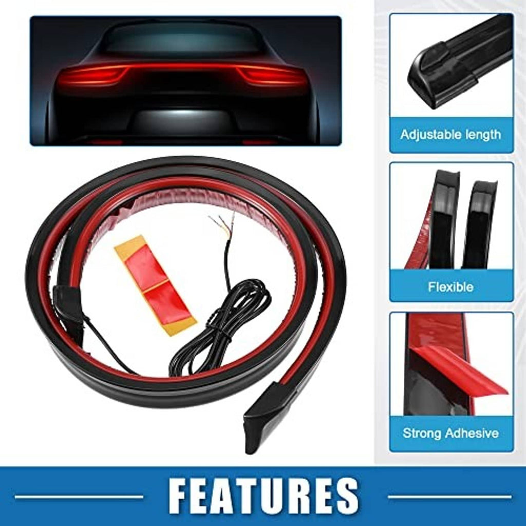 Car spoiler LED strip kit with red light trim, black adhesive pads, and wiring harness