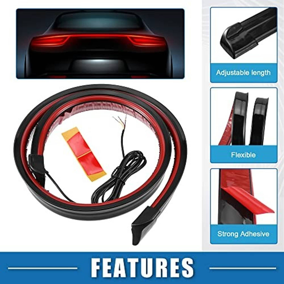 Car spoiler LED strip kit with red light trim, black adhesive pads, and wiring harness