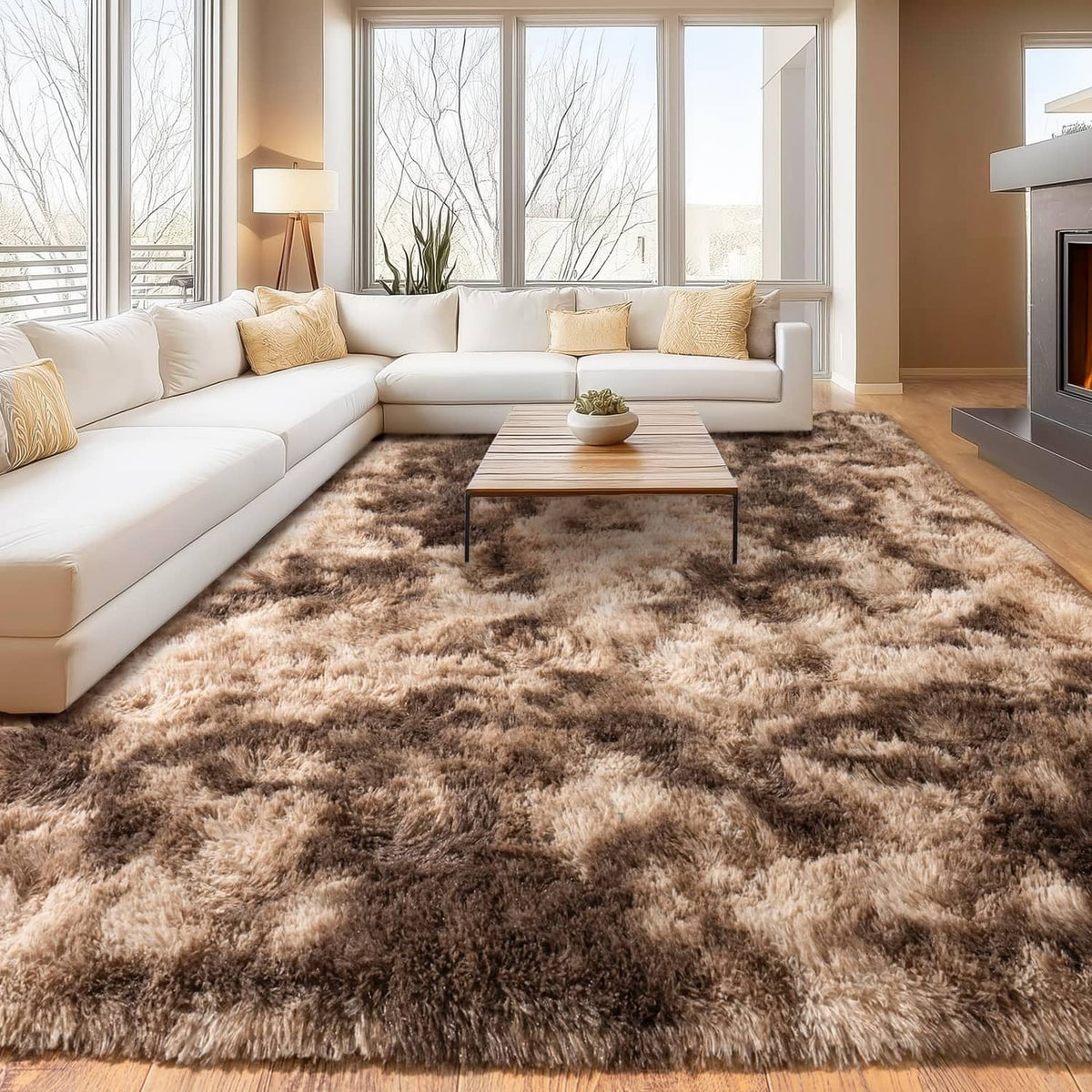 Rectangular plush shag rug with tie-dyed mottled brown and tan texture, 6x9 ft