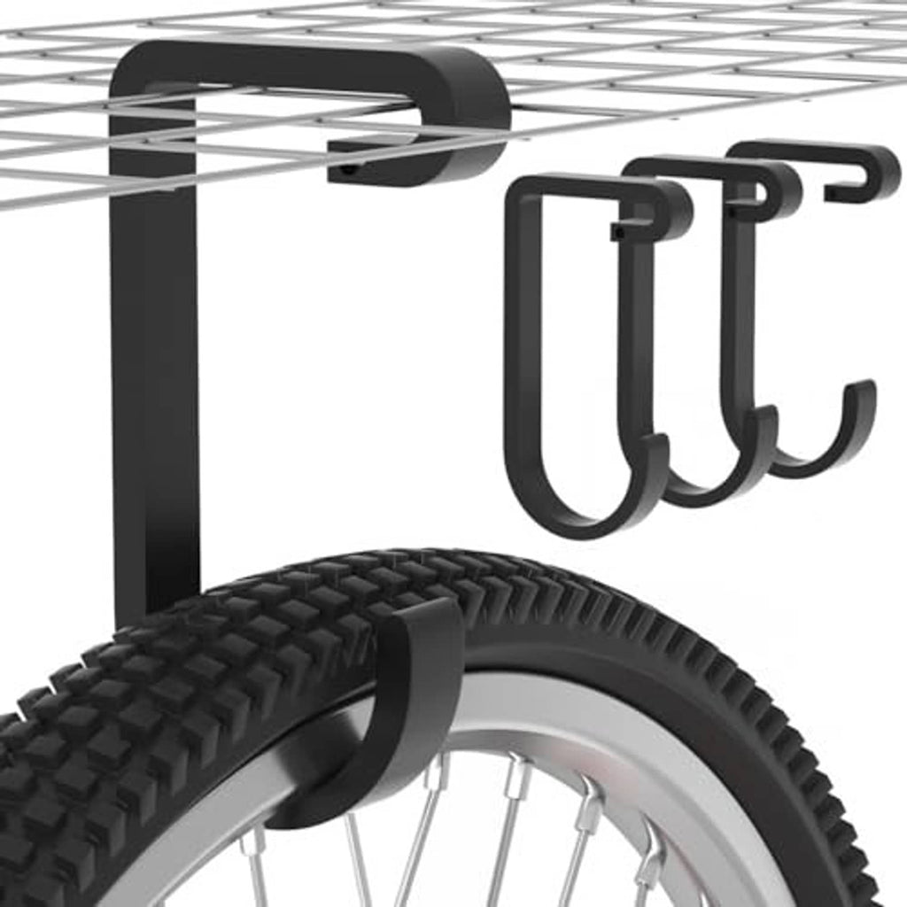 Set of black overhead garage bike hooks with curved U-shaped base