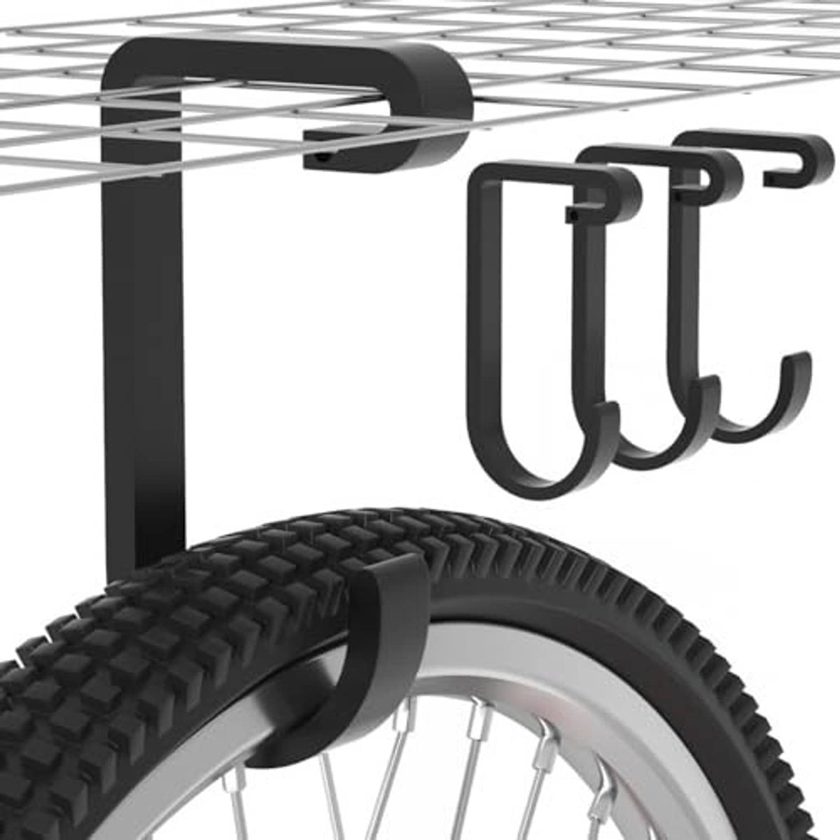 Set of black overhead garage bike hooks with curved U-shaped base