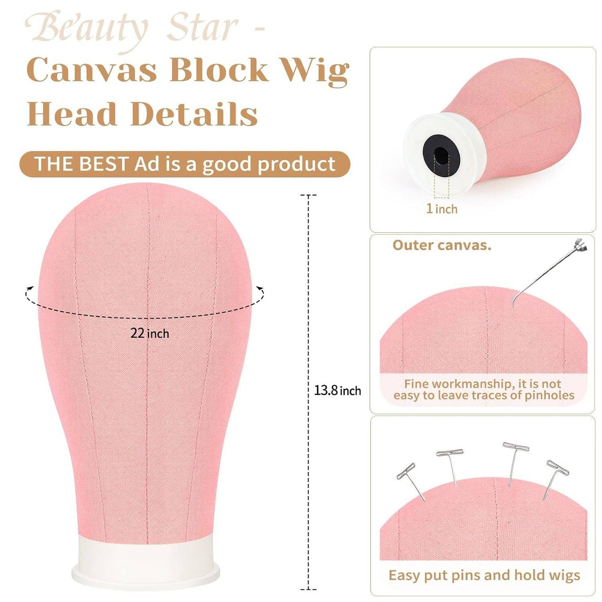 Pink canvas block wig head with side view and close-up details