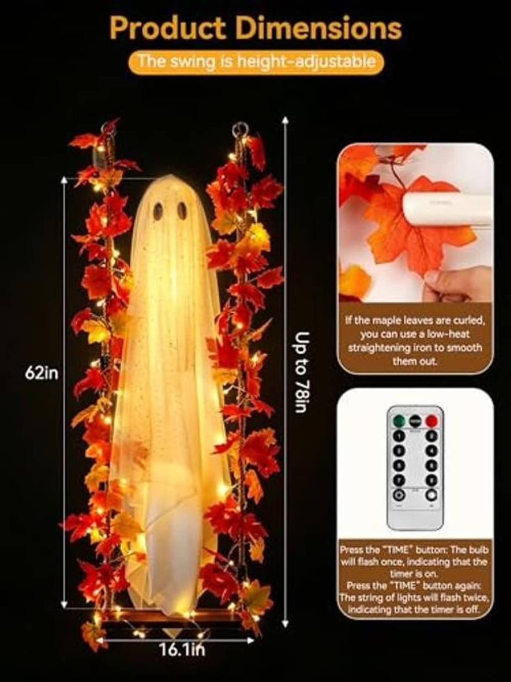 Hanging ghost decoration with adjustable height garland and warm white LED glow