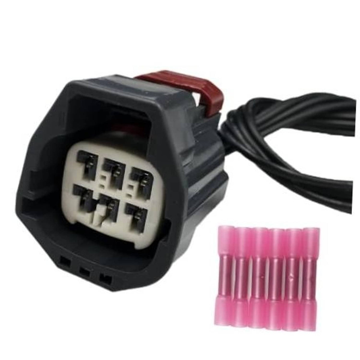Headlight connector harness pigtail plug with black wiring and multi-pin connector
