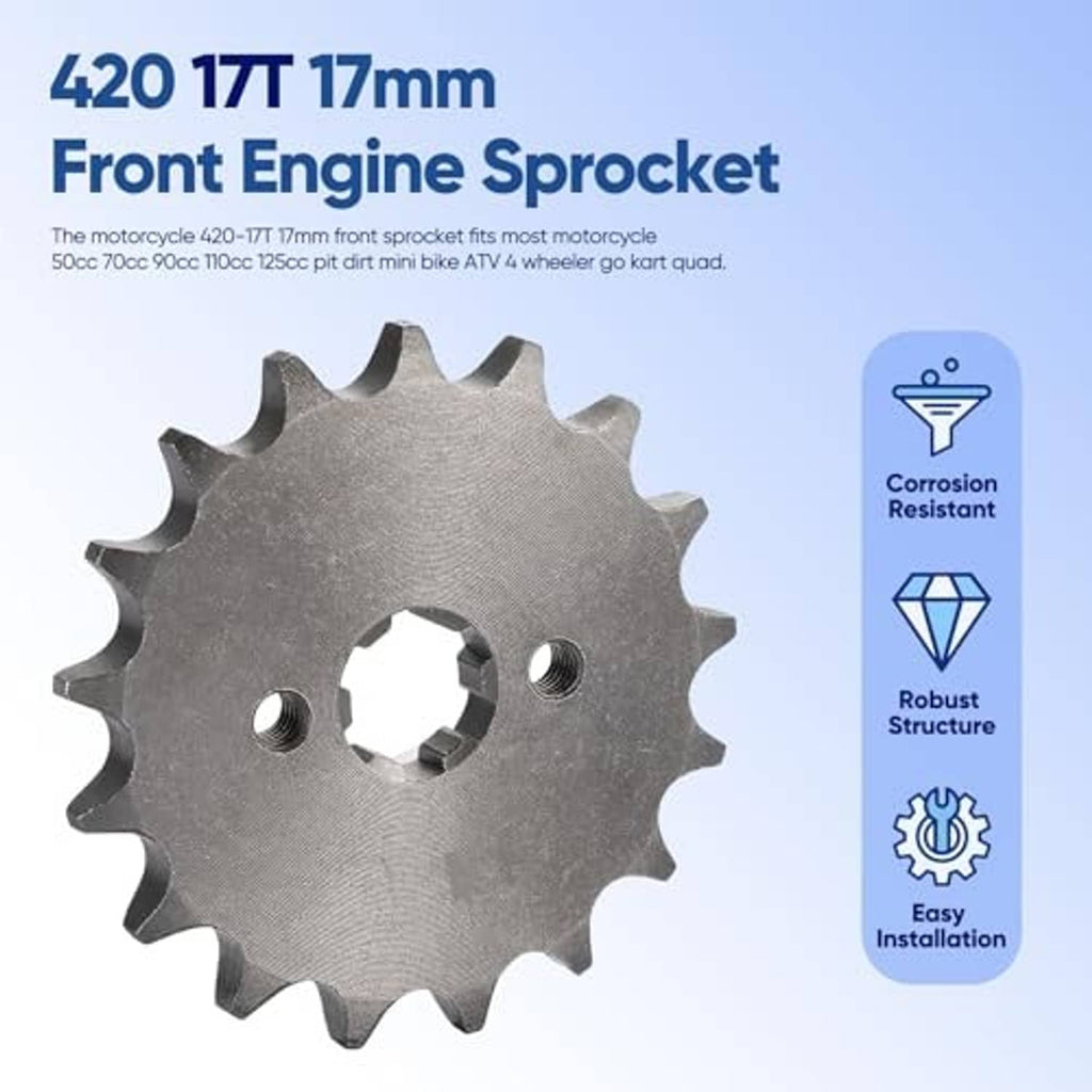 Steel front engine sprocket with 17-tooth outer profile and center hub opening
