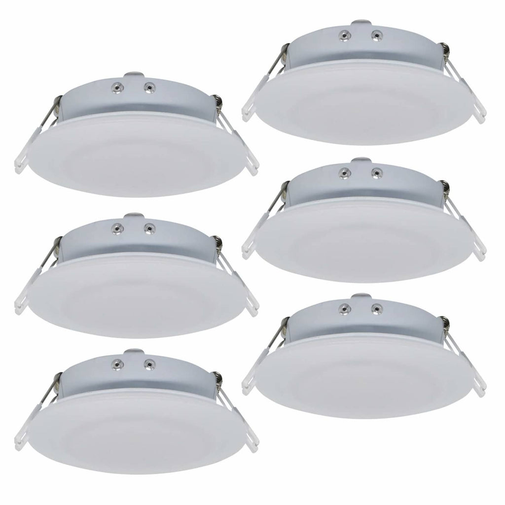 6-pack recessed LED puck lights with white diffusers and silver aluminum housings
