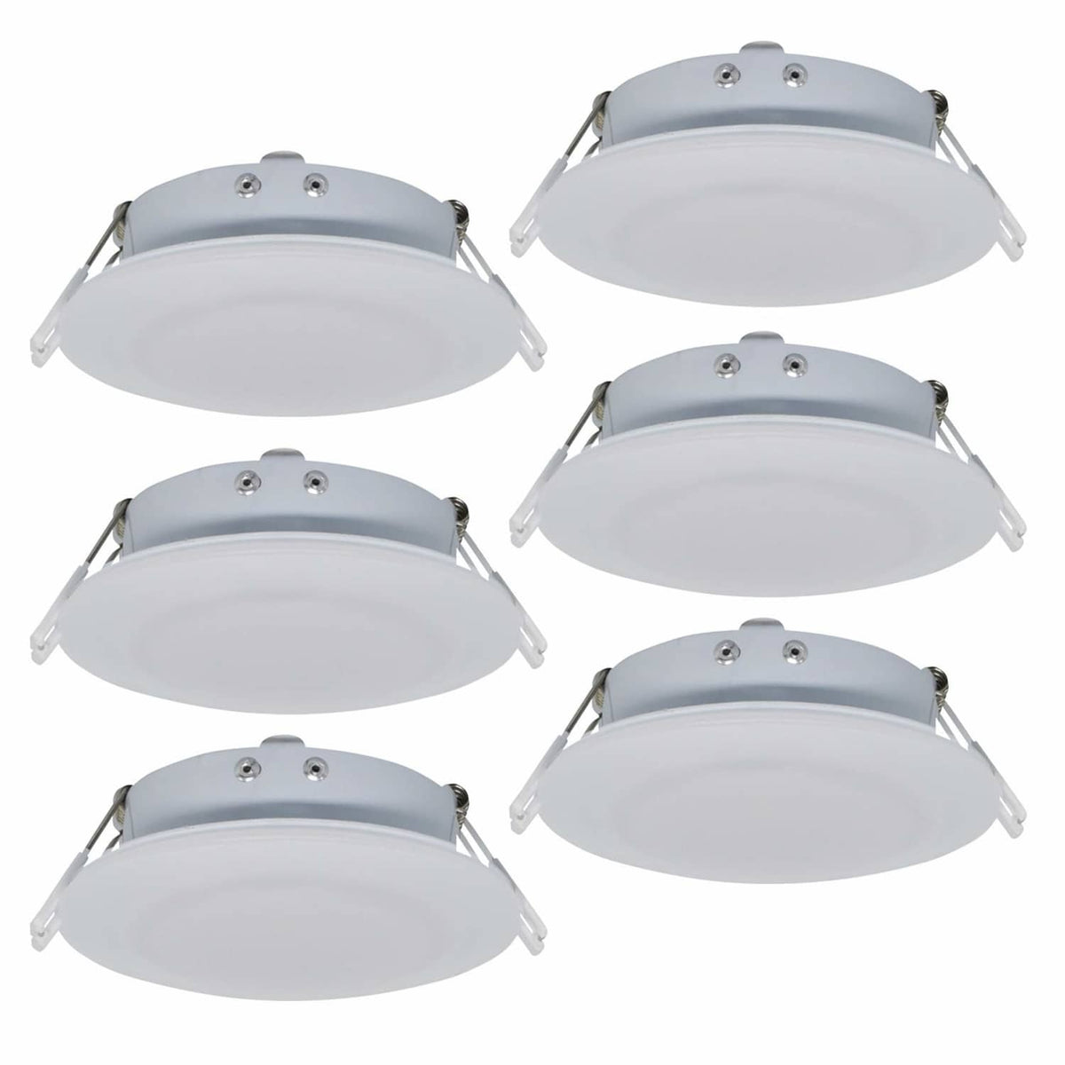 6-pack recessed LED puck lights with white diffusers and silver aluminum housings