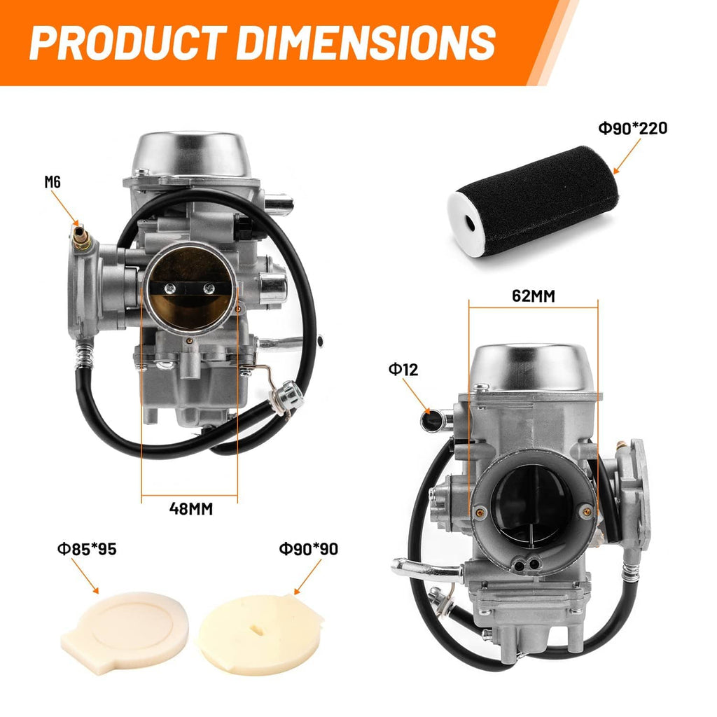 Carburetor assembly with air filter, shown with size dimensions