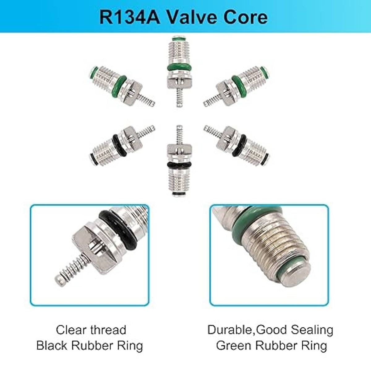 AC valve cores with green rubber sealing rings, assorted metal valve pieces