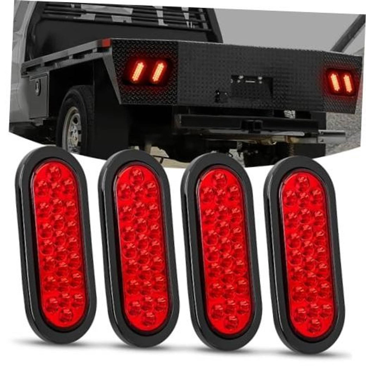 Oval red 24-LED trailer tail lights set, four-piece with black outer bezel