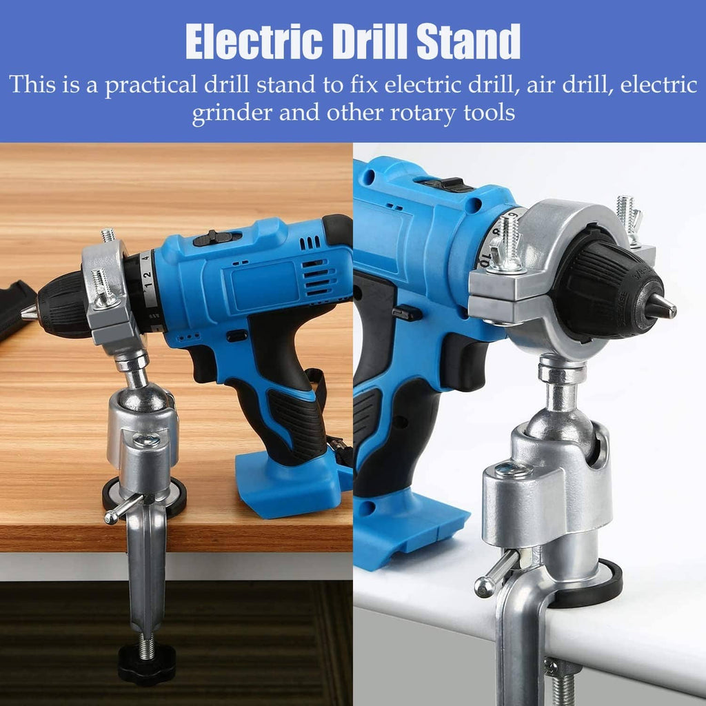 Electric drill mounted on bench clamp stand with 360° swivel base