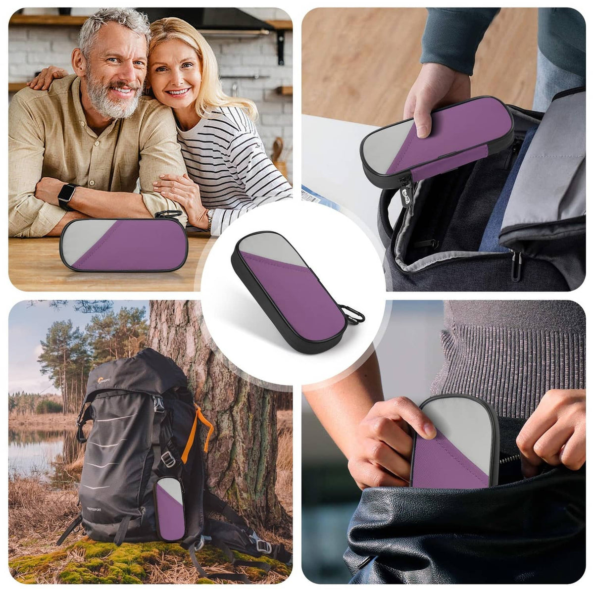 Purple insulin cooler case shown in use with a backpack and portable carry