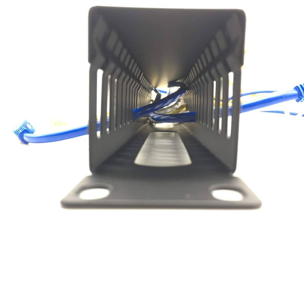 Black 1U cable manager with vented front slots holding two blue cables