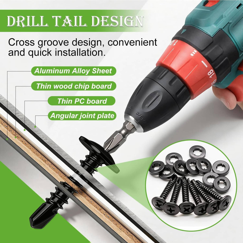 Black self-drilling screws with star-drive heads and washers for wood and boards