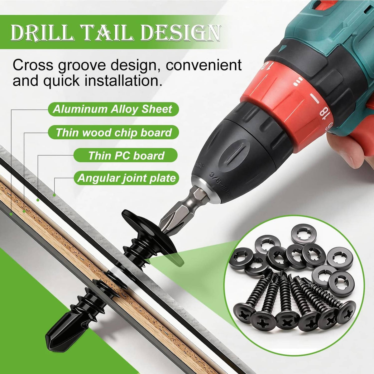 Black self-drilling screws with star-drive heads and washers for wood and boards