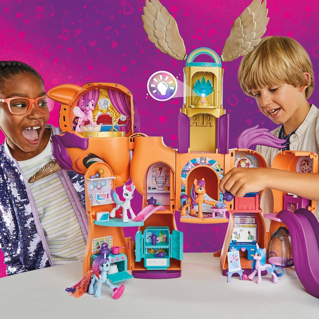 Purple and orange transforming doll playset with open rooms and mini dolls