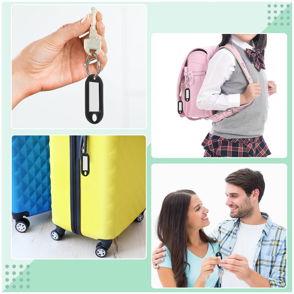 Black plastic key tag with clear label window and metal ring, on backpack and in hand
