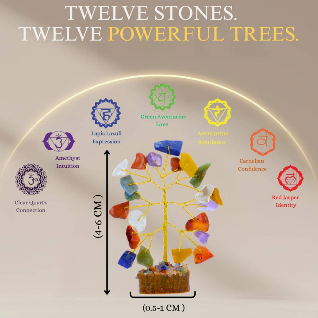 Gemstone crystal tree with multicolor stone branches on a resin base.