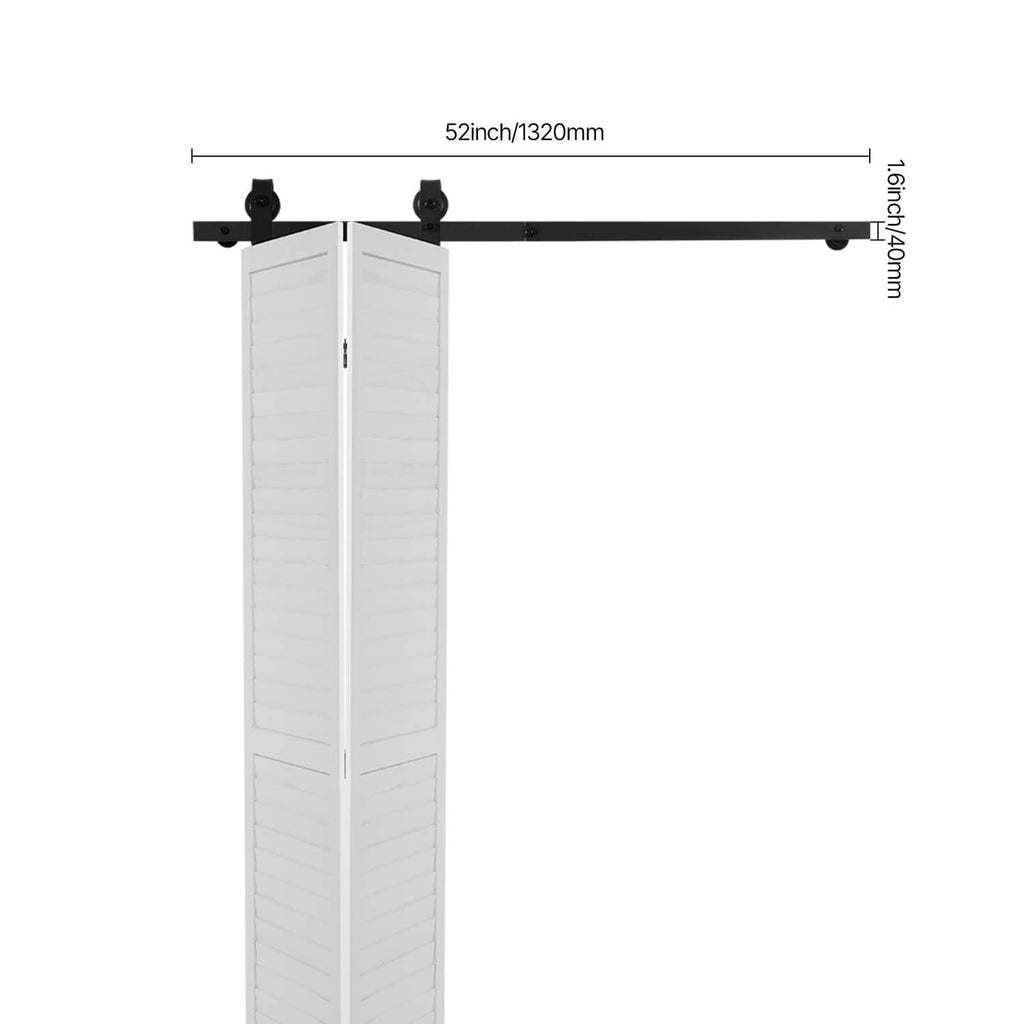 52 in barn door track rail with roller brackets and two white folding door panels