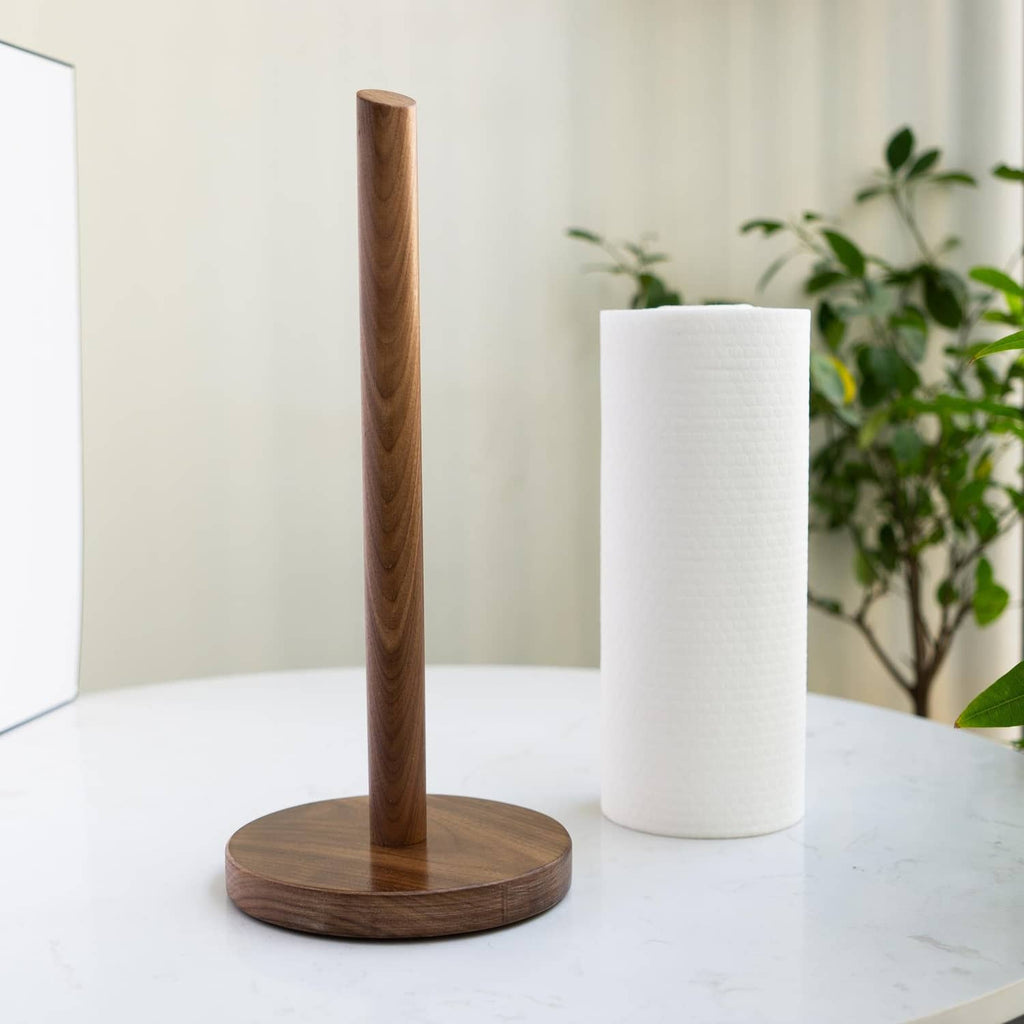 Dark walnut standing paper towel holder with tall pole and white towel roll