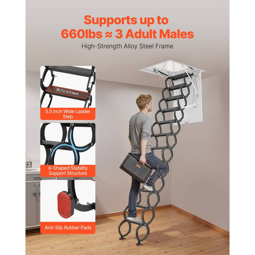 Attic ladder with wide folding steps and arched support structure, ceiling mounted
