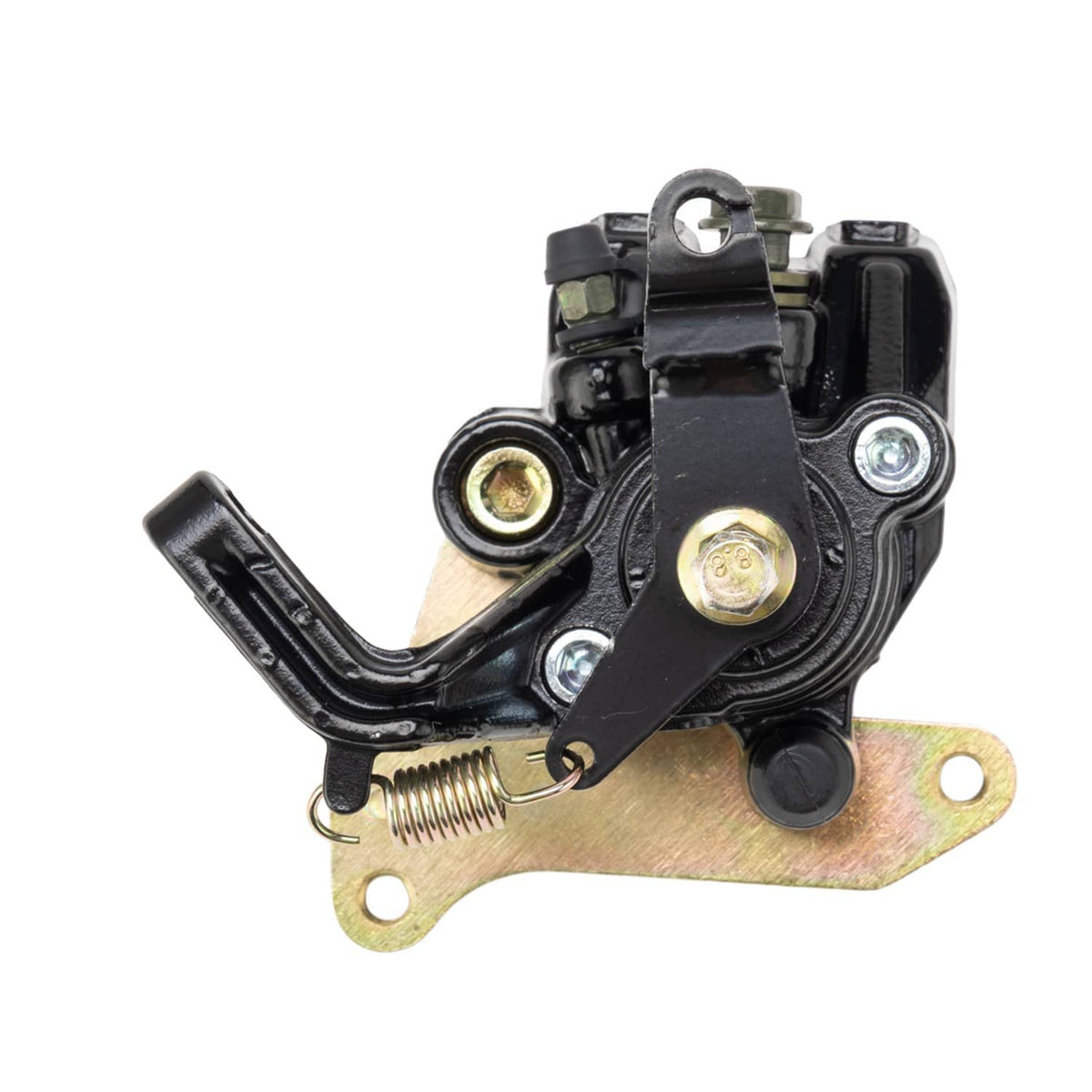 Rear brake caliper bracket with black lever, coil spring, and round adjuster bolts