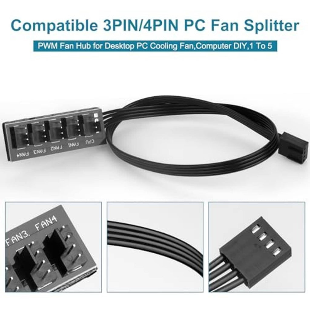PC fan splitter hub with long cable and black connectors, compact 4-port board