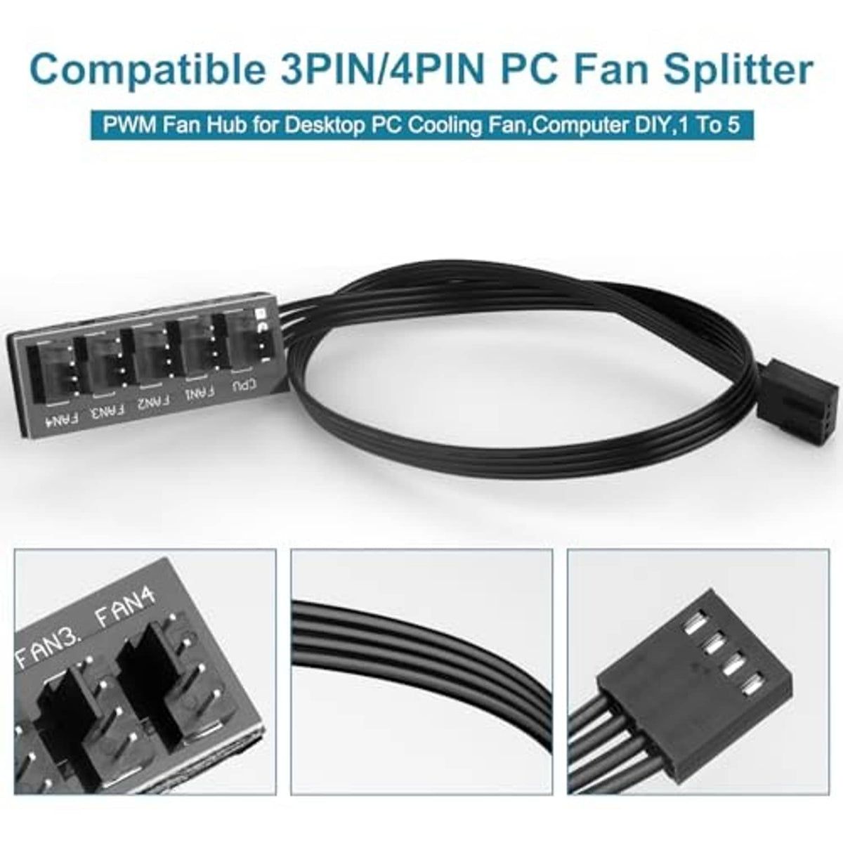 PC fan splitter hub with long cable and black connectors, compact 4-port board