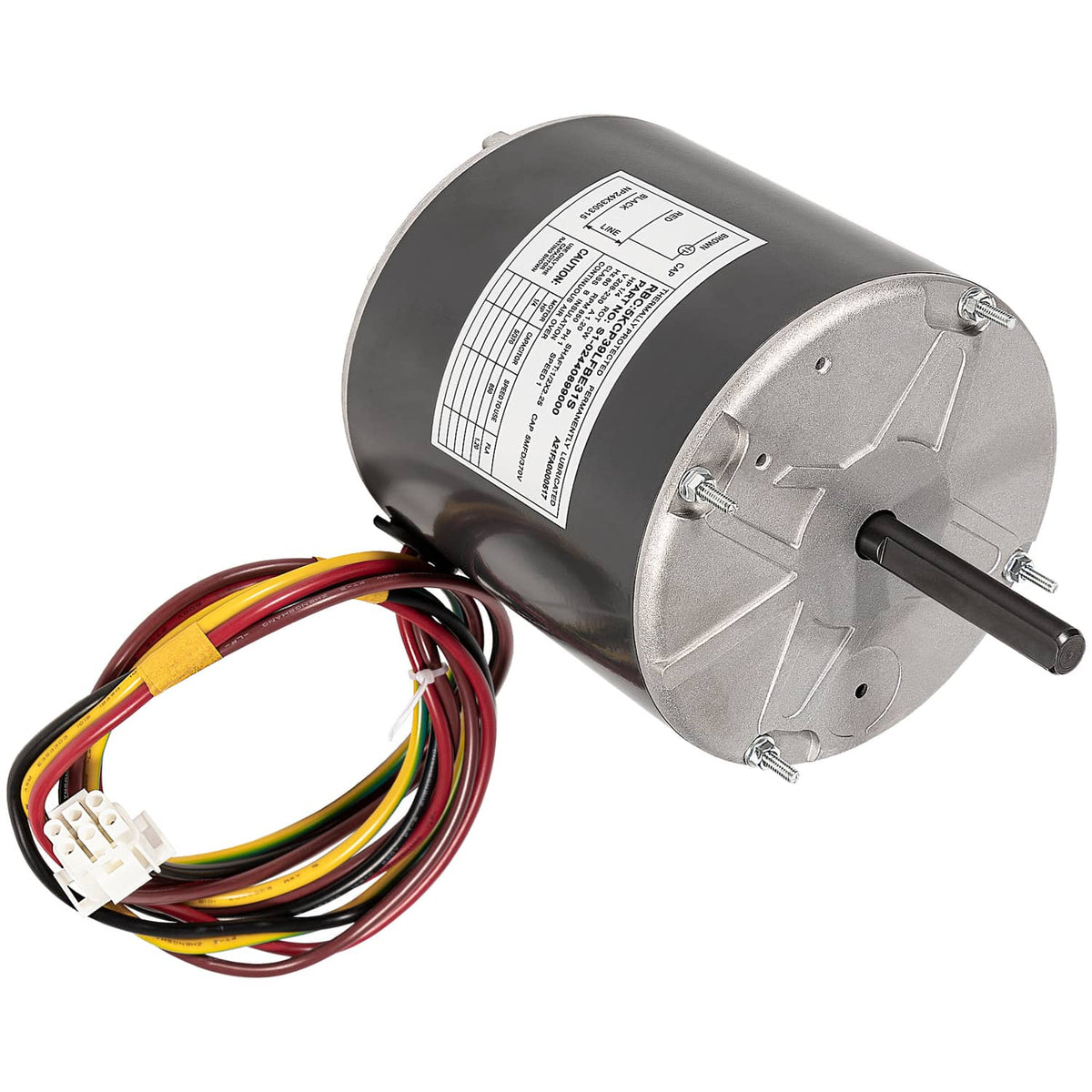Condenser fan motor with gray housing, shaft, and color-coded wire leads