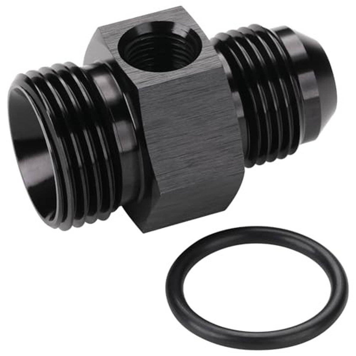 Black metal AN adapter fitting with rubber O-ring, close-up of threads