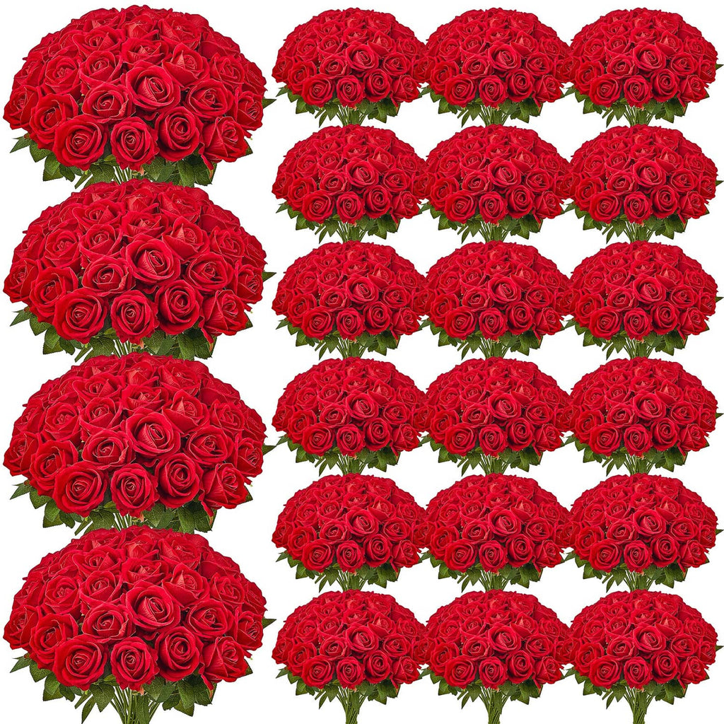 Red artificial rose flower heads with green leaves, assorted arrangement set