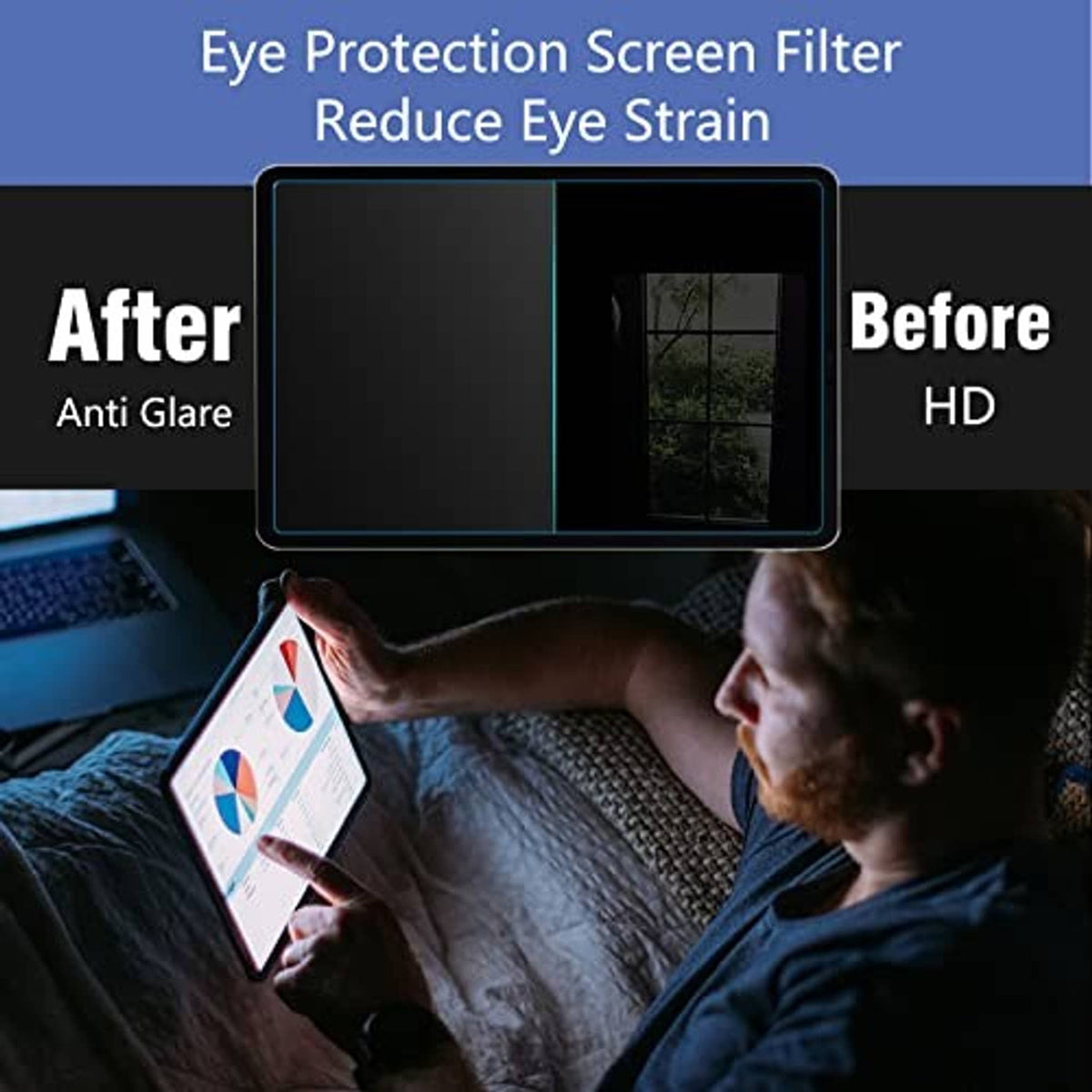 Anti-glare screen protector showing before/after display on tablet in dark setting