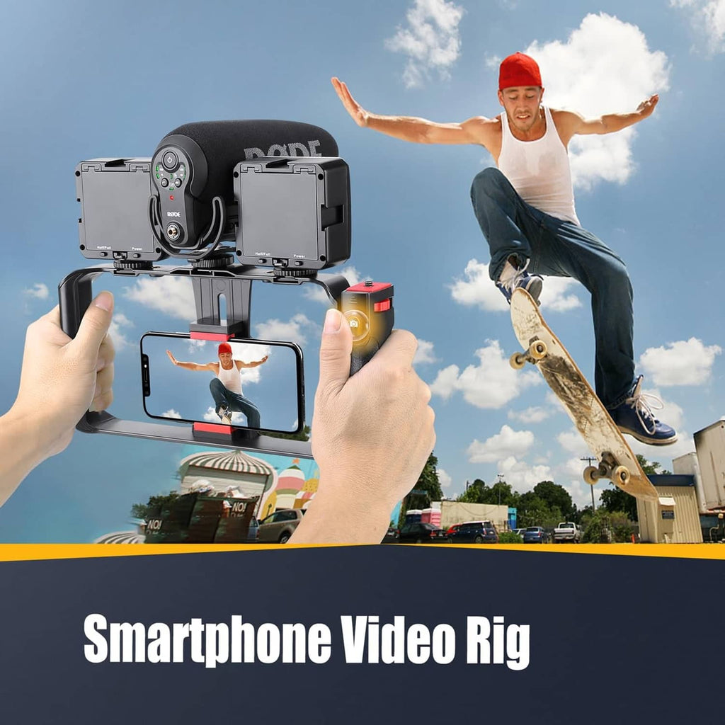 Smartphone video rig with camera and phone mount on black handheld stabilizer