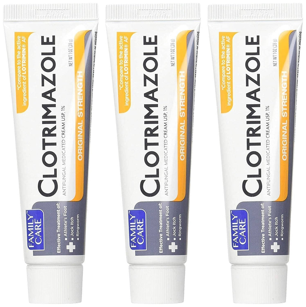 Clotrimazole anti-fungal cream tubes, 1% strength, white squeeze tubes (three-pack view)