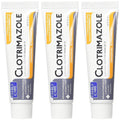 Clotrimazole anti-fungal cream tubes, 1% strength, white squeeze tubes (three-pack view)