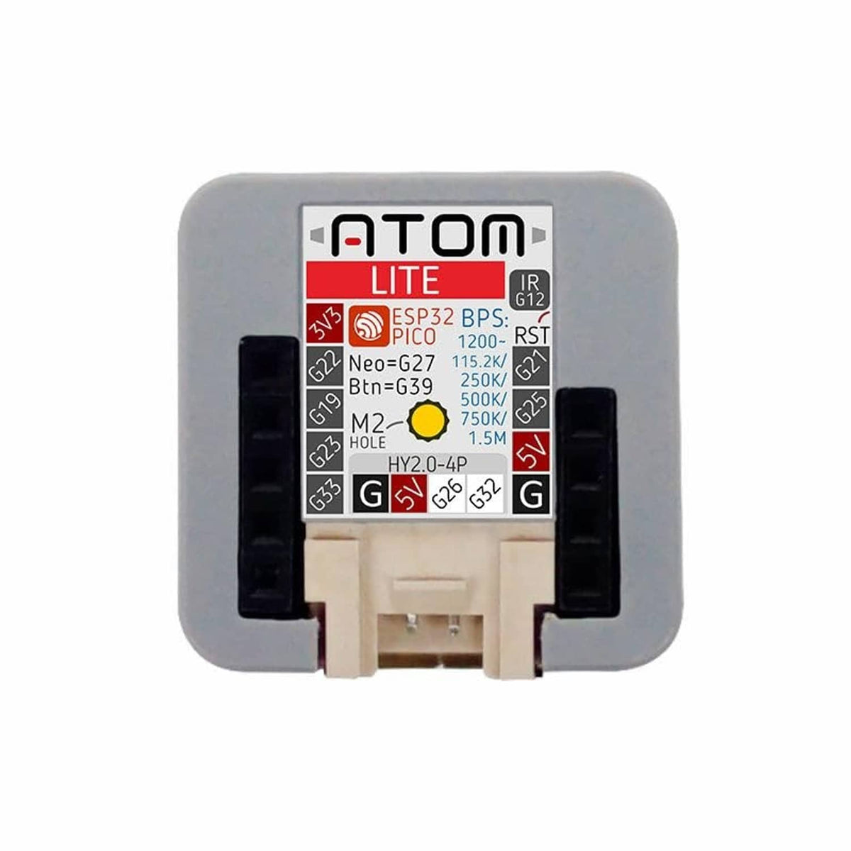 Grey ATOM Lite ESP32 module rear view with pin header and circuit labels