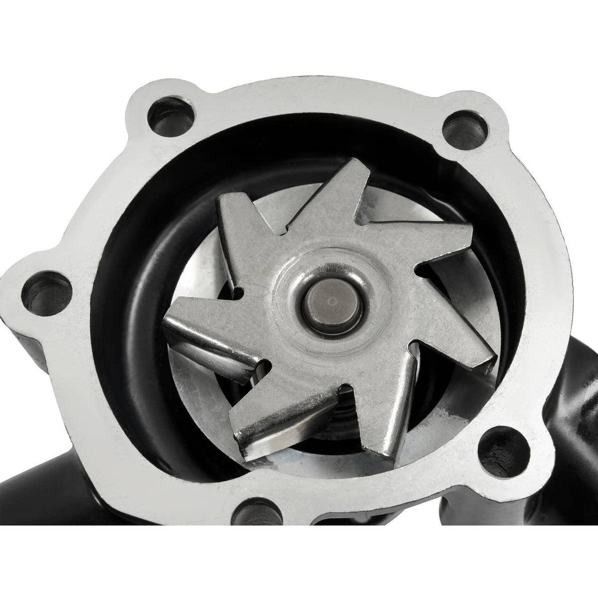Water pump impeller inside metal casing with blades, circular cover