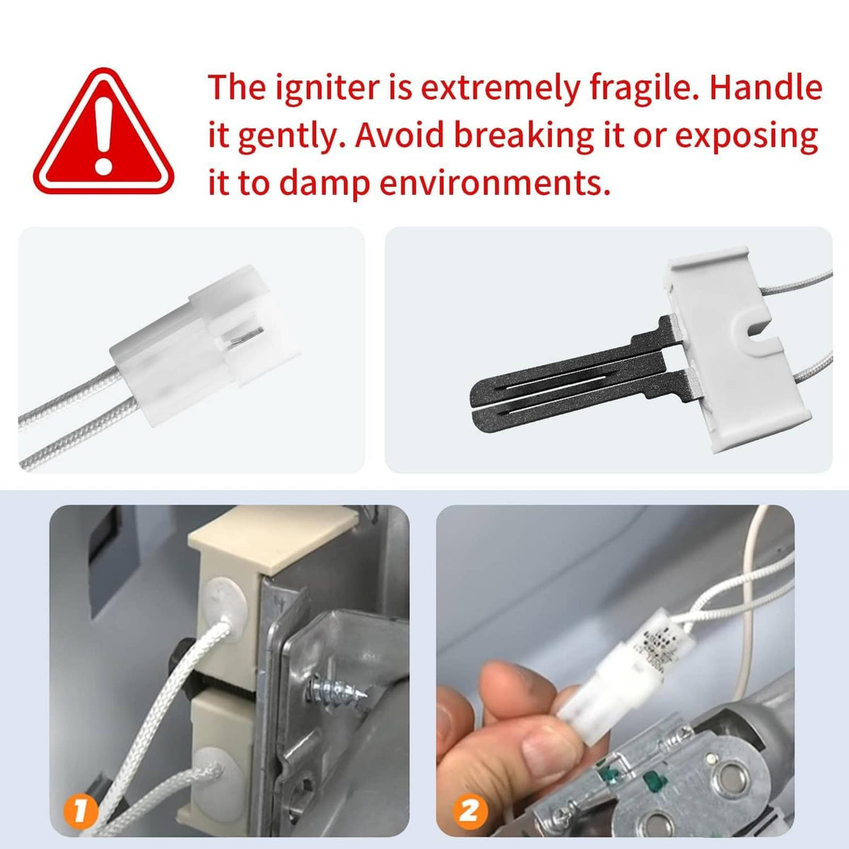 Gas dryer igniter replacement with white connector housing and black ceramic heating rod